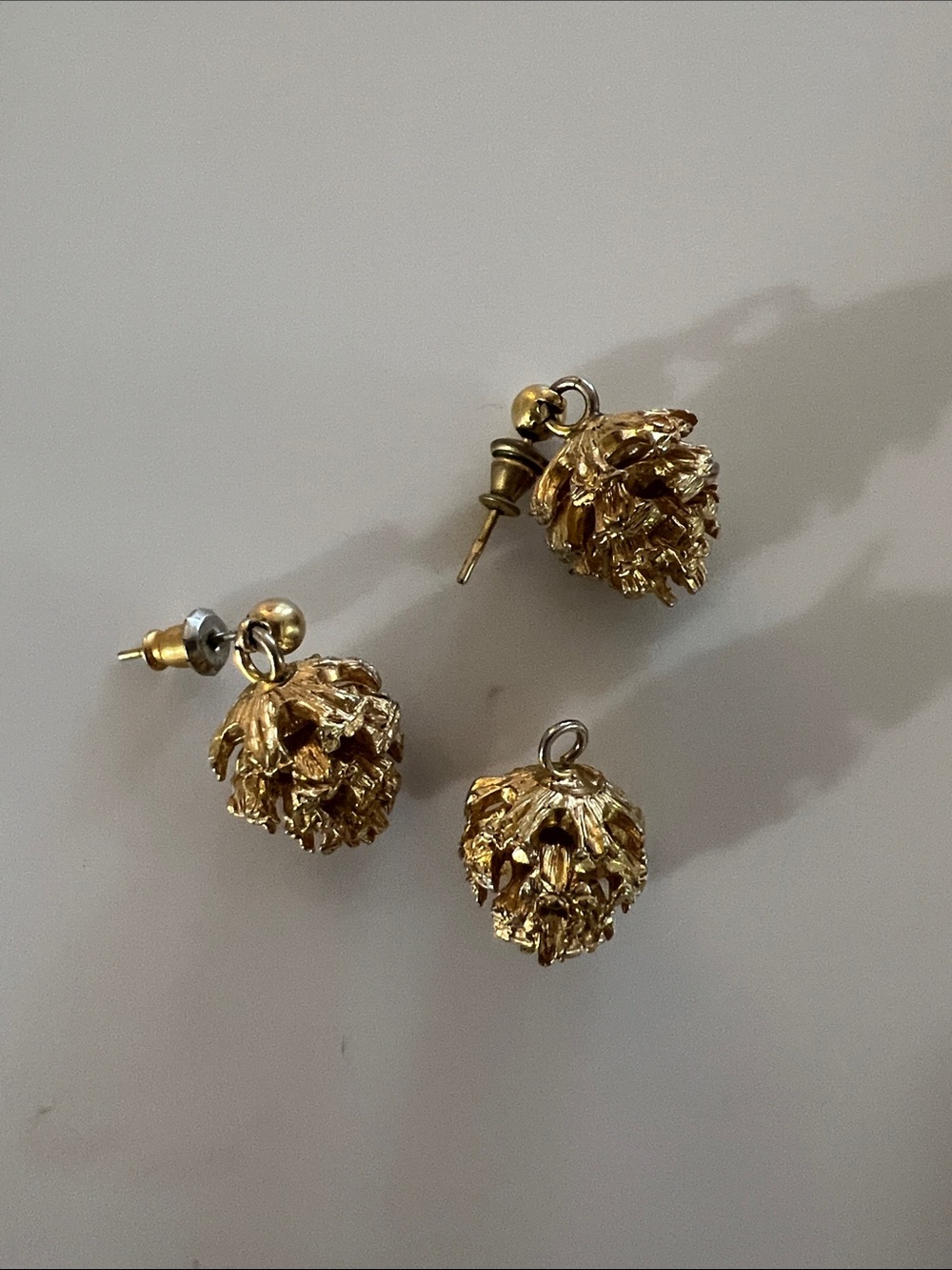 Gold Color Pinecone Drop Earrings and Matching Charm - Elegant Women's Jewelry